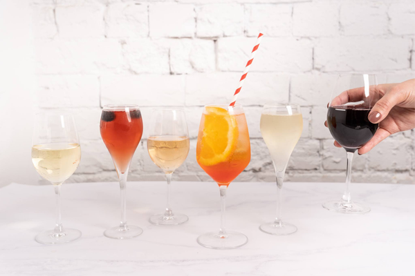 A variety of drinks, white wine, kir, prosecco, aperol spritz, red wine